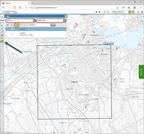 Ett skärmklipp från tjänsten Geolex som visar ett kartblad samt verktygen man använder för att få fram bladnumret på kartbladet.