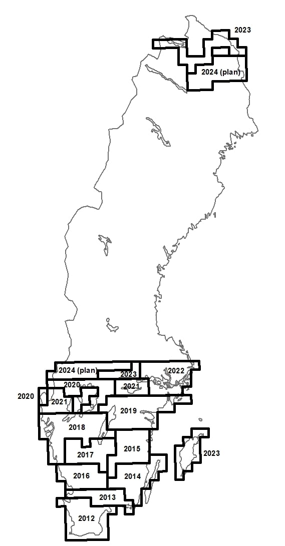 Map of Sweden showing the areas where the height reference network has been inventoried during the years 2012-2023. In general, the inventory has been done from south and northwards, starting from Skåne in 2012 and reaching the areas around the lakes Vänern and Hjälmaren in 2020-2023. During 2023 inventory of Gotland and an area in the farthest north was done. For 2024 inventory of an area north of lake Vänern and and an area in the farthest north is planned.