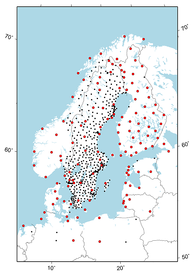 Karta över Norden och Baltikum, som visar referensstationerna i SWEREF 99-kampanjen.