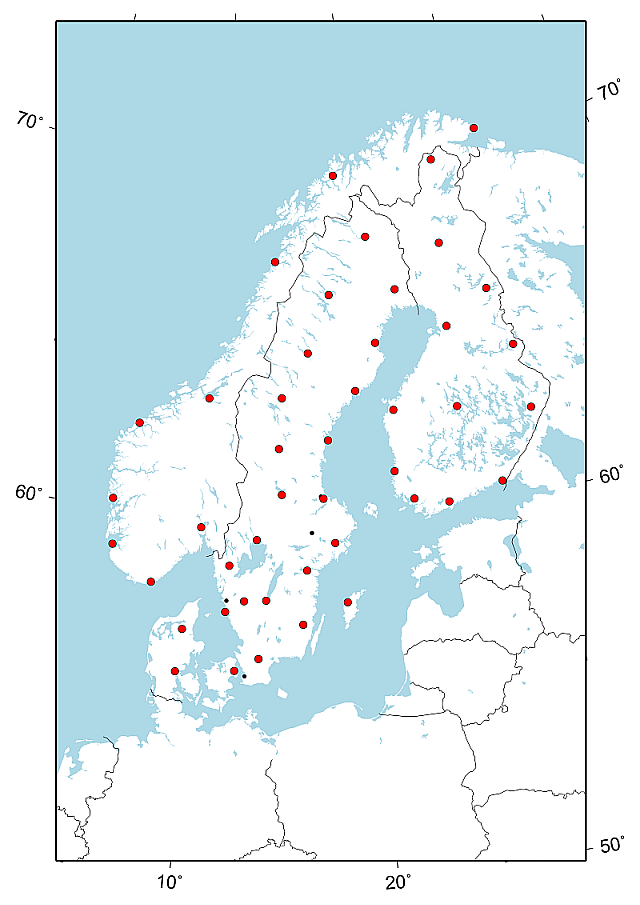 Map of the Nordic and Baltic countries, showing the reference stations  of the SWEREF 99 campaign.
