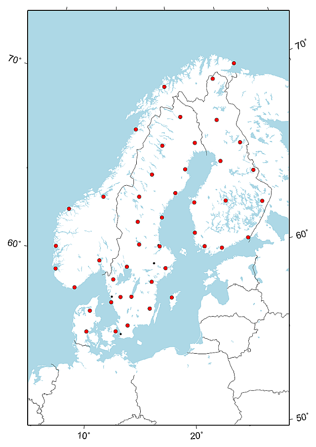 Karta över Norden och Baltikum, som visar referensstationerna i SWEREF 99-kampanjen.