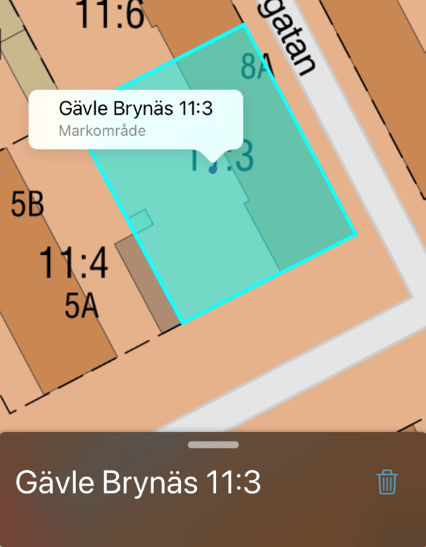 Sökfält med texten "Gävle Brynäs 11:3" och kartan som har den fastigheten markerad.