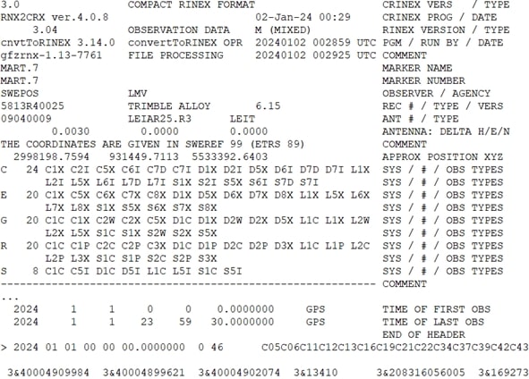 Example of a RINEX 3 file header content.