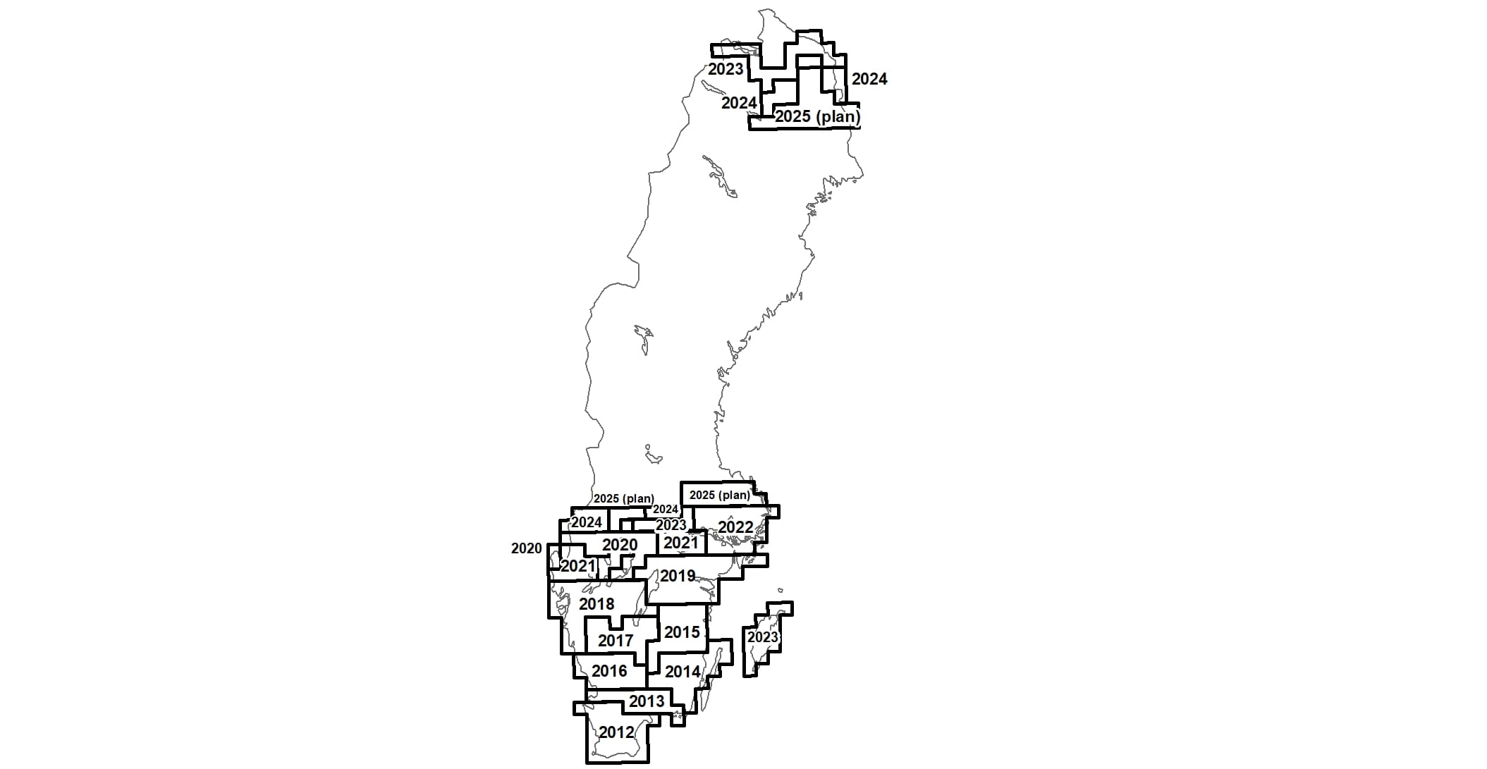 Karta över Sverige som visar de områden där referensnätet i höjd har inventerats under åren 2012-2024. I stora drag har inventeringen skett från söder och norrut, med Skåne år 2012 och Mellansverige 2020-2024. Under 2023-2024 har även ett område längst i norr inventerats. År 2025 planeras för inventering av två områden i Mellansverige och ett område längst i norr. 