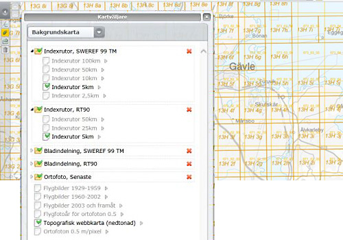 Nedtonad bakgrundskarta, indexrutor, SWEREF 99 TM, 5 km och indexrutor, RT90 5 km.