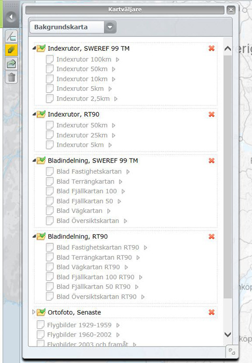 The map selector with several different options under the headings Index boxes, page division and Orthophoto and more.