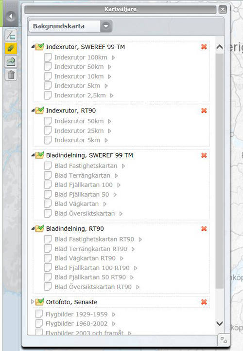 Kartväljaren med flera olika alternativ under rubrikerna Indexrutor, bladindelning och Ortofoto med flera.