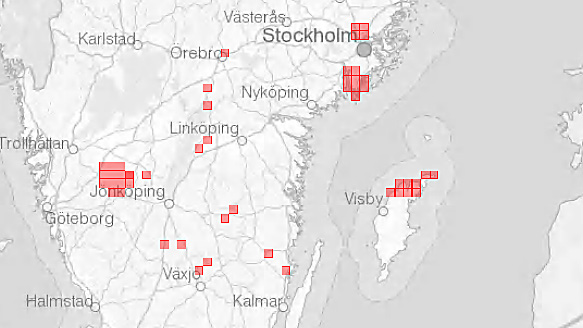Karta över Sverige med röda markeringar.