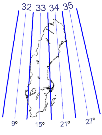 Karta över UTM-zoner som är aktuella för Sverige.