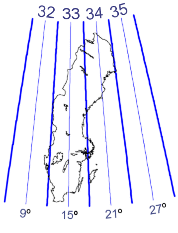  Map of UTM zones that are relevant for Sweden.