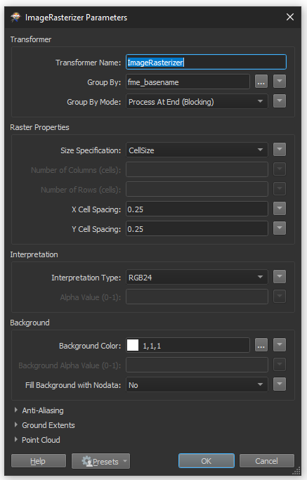 Screenshot of parameter settings according to step three of the wizard