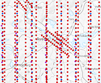 Pixels on a map colored by image type. Colors: red, purple, blue, gray and white. 