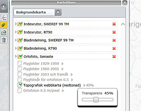 Meny som visar olika alternativ för kartor. Draglist som är inställd på 45% opacitet.