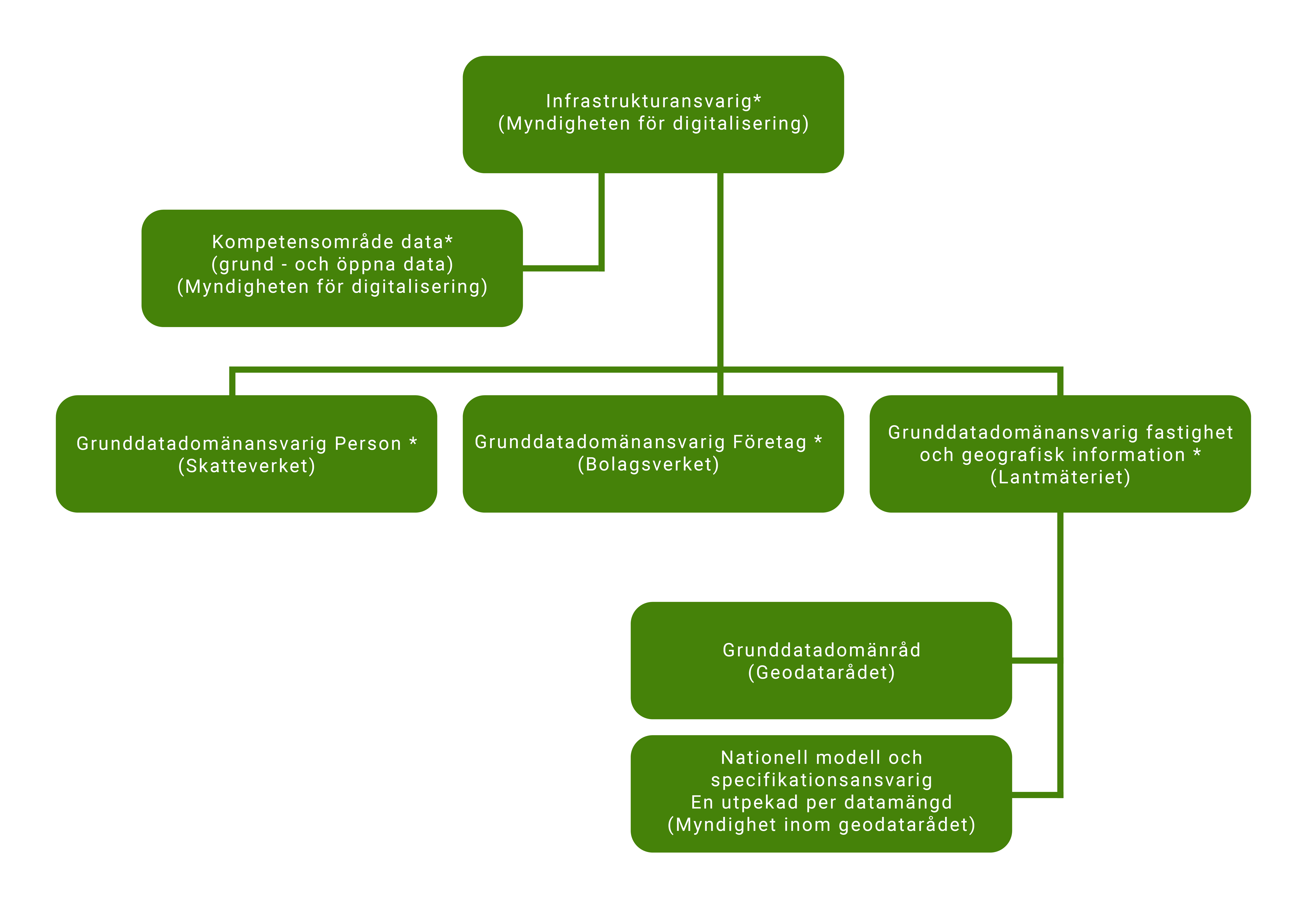 Bild som beskriver organisationen och rollerna inom denna. Överst, Infrastrukturansvarig, Myndigheten för digitalisering. Därefter kompetensområde data, grund och öppna data som ligger under Myndigheten för digitalisering. Under dessa finns Grunddatadomänansvarig Person vilket styrs av Skatteverket. Grunddatatadomänansvarig Företag som styrs av Bolagsverket. Grunddatadomänansvarig fastighets- och geografisk Information som styrs av Lantmäteriet. Nedanför dessa Grunddatadomänrådet som styrs av Geodatarådet samt Nationell modell och specifikationsansvarig, en utpekad per datamängd som styrs av myndighet inom geodatarådet.