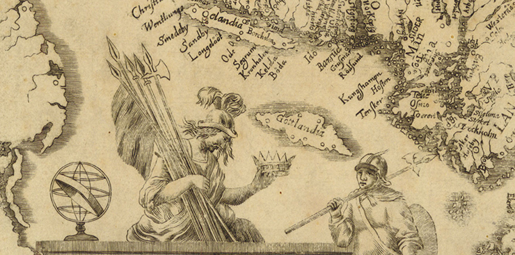 Detalj ur konstnärligt utförd karta över Skandinavien från 1680.