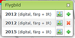 Ruta med rubriken flygbild och 3 kolumner under. Kolumnerna visar årtal samt bildtyp, ikon för bild samt grönt plus eller rött kryss.