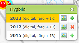 Ruta med rubriken flygbild och 3 kolumner under. Kolumnerna visar årtal samt bildtyp, ikon för bild samt grönt plus eller rött kryss. En av raderna är markerad.