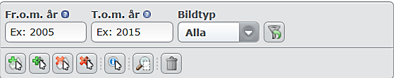 Meny med valen Fr.o.m. år, T.o.m. år samt Bildtyp. Nedanför valen finns knappar med olika ikoner.