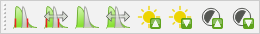 Verktygsfält i QGIS med ikoner för att justera gråskala, färgskala eller terrängskuggning.
