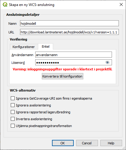 Dialog box with filled in settings for connecting to the service.