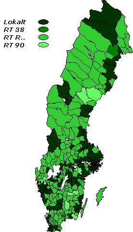 Kartan visar att många kommunala stomnät var anslutna till RT 38 eller något av regionsystemen. Endast ett fåtal stomnät var anslutna till RT 90.