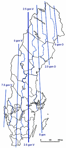 Sverigekarta som visar indelningen i projektionszoner för RT 90.