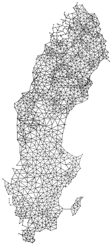 Sverigekarta som visar triangelnätet i RT 90.