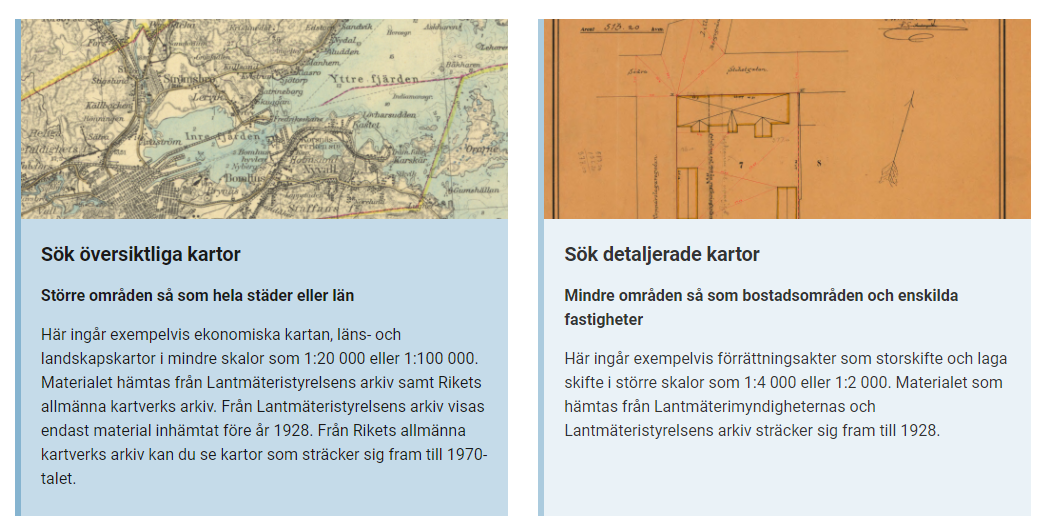 Bilden visar exempel på Sök översiktliga kartor samt Sök detaljerade kartor.