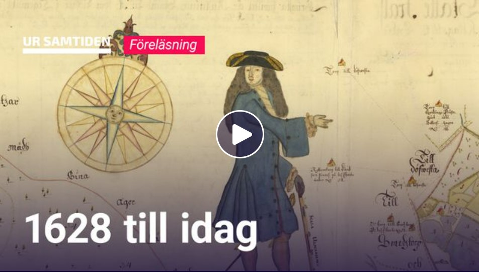 Karta med illustration i form av en gammaldags herre. Text: "1628 till idag, UR Samtiden, föreläsning".