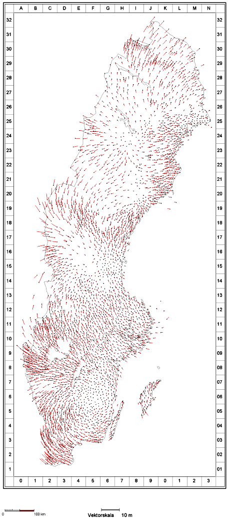 The map shows coordinate differences between RT 38 and RT 90, for the  triangulations stations that have coordinates in both systems.