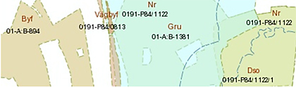 Exempelbild "Bestämmelser" i skala 1:5 000 från geodatatjänsten Planer, bestämmelser och rättigheter Visning.