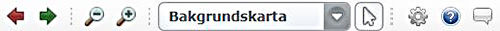 Verktygsfältet med ikoner föreställande röd pil åt vänster, grön pil åt höger, förstoringsglas med minustecken inuti, förstoringsglas med plustecken inuti, Rull-lista med kartalternativ samt vit pil mot grå bakgrund, muspekare, 4 lodräta prickar, kugghjul, vitt frågetecken på blå cirkel samt pratbubbla.