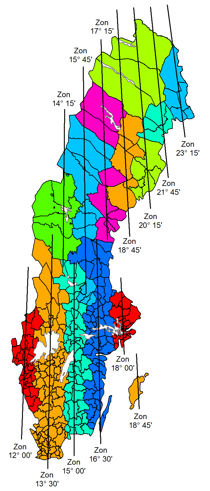 Karta över Sveriges indelning i lokala projektionszoner för SWEREF 99.