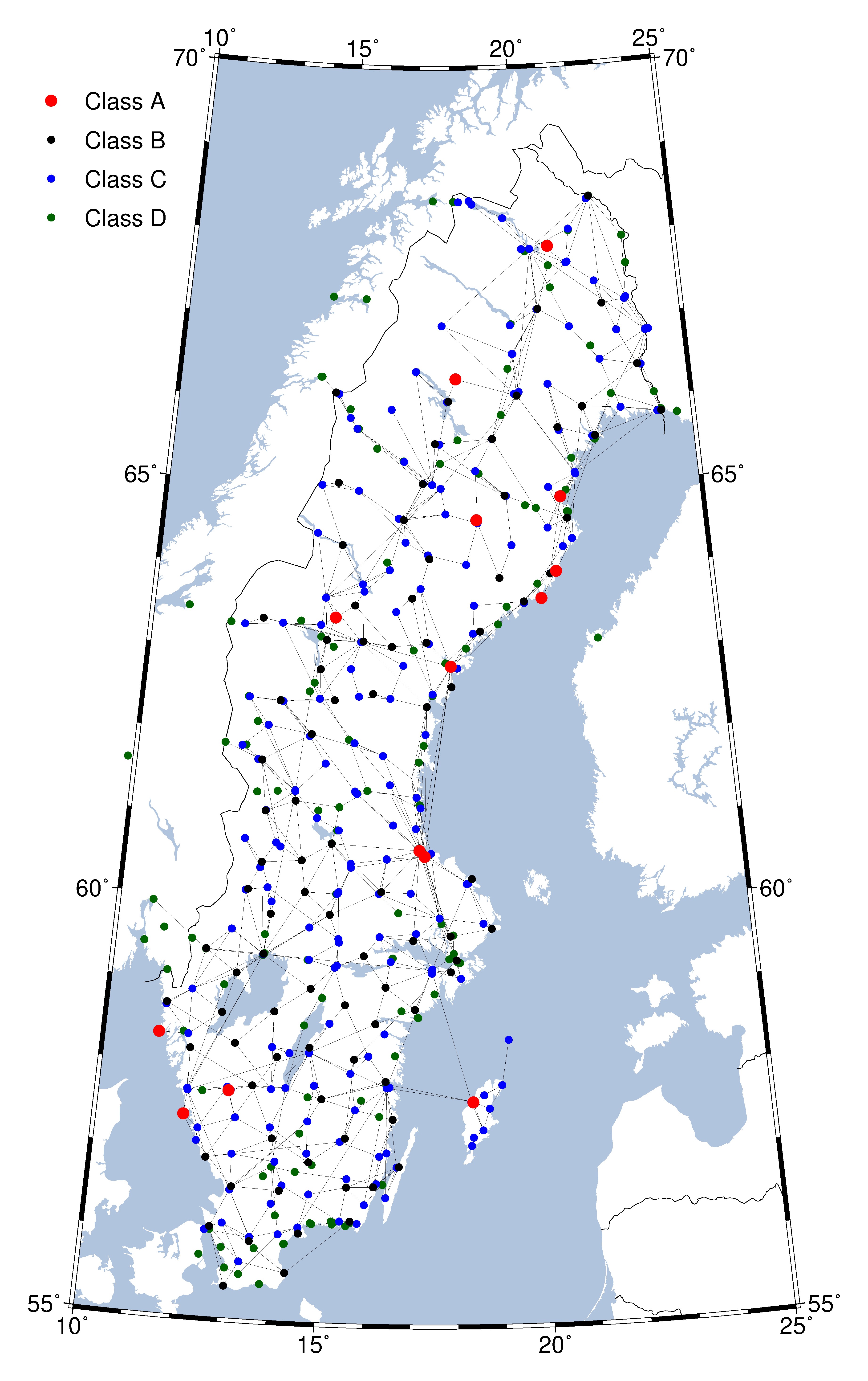 Kartan visar de punkter som realiserar RG 2000; punktklasserna A, B, C och D.