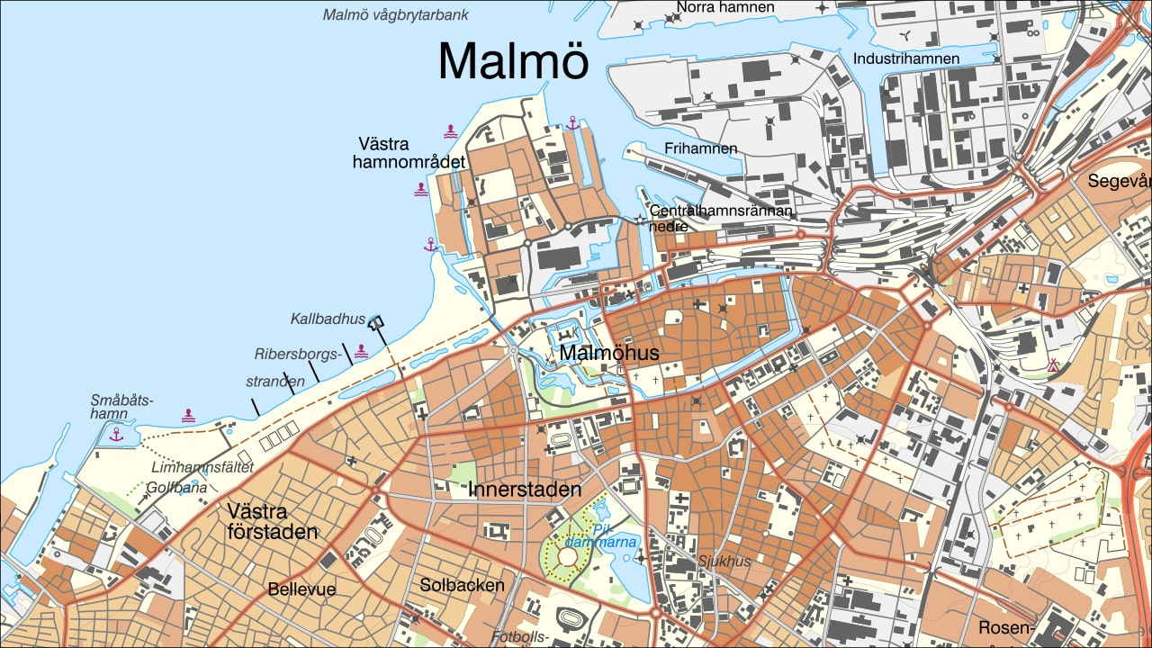 Den manuellt generaliserade Terrängkartan över en del av Malmö, som den visades i tjänsten Topografisk Webbkarta Visning.