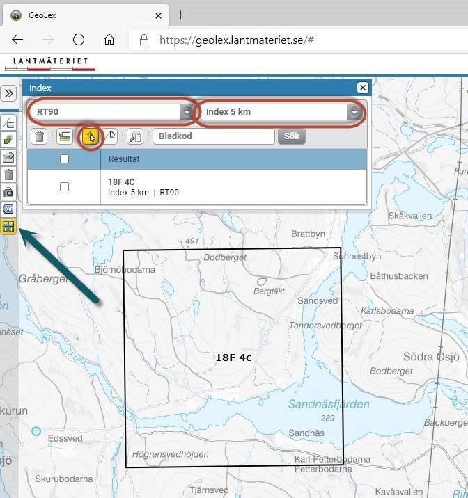 Skärmbildsexempel från e-tjänsten GeoLex som visar vilka fält och knappar som ska användas för att göra en sökning på ett kartblad.
