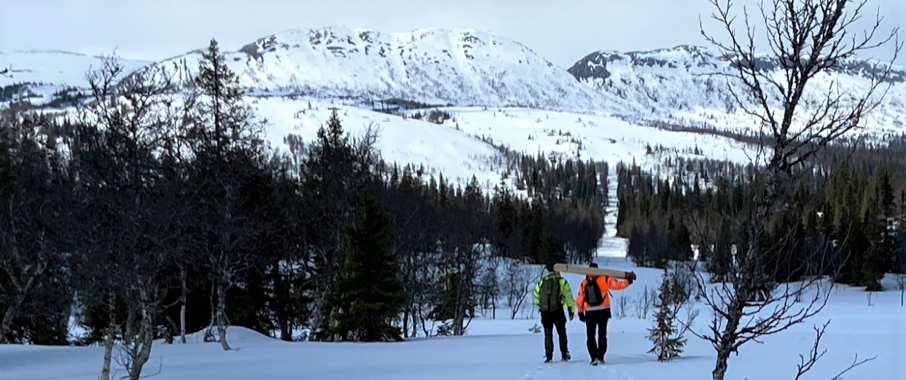 Två ingenjörer bär mätutrustning längs gatan i riksgränsen mellan Sverige och Norge. Det ligger snö på marken och i bakgrunden syns fjäll.