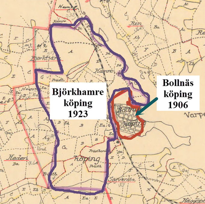 Bilden visar Bollnäs och Björkhamre sockens utbredning 1923