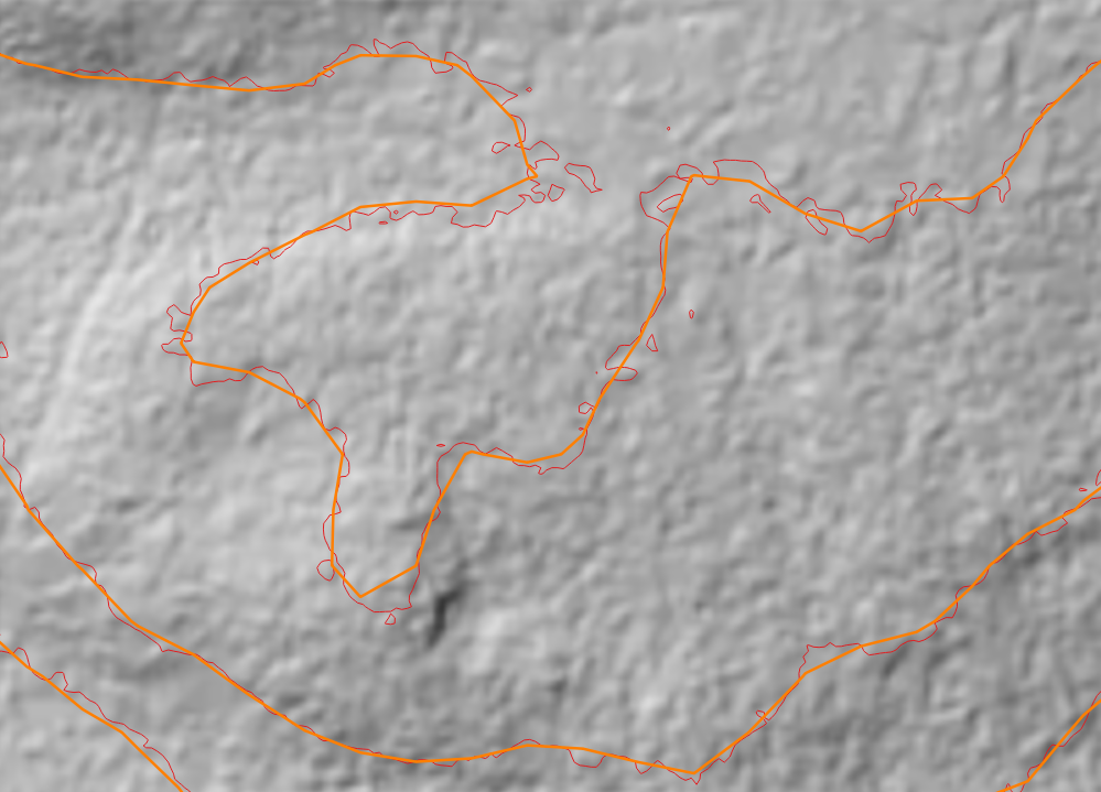 Exempel från höjdkurvor från höjdmodellen, en grå bakgrund med snirkliga orangea linjer