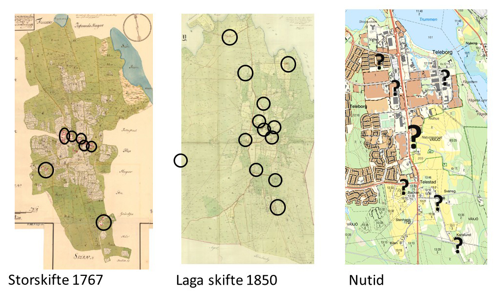 Tre kartbilder över Telestad. Den första visar storskifte 1767, den andra visar laga skifte 1850 och den tredje visar nutid