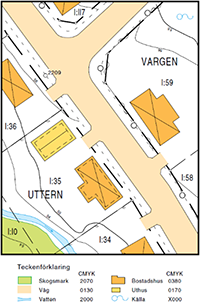 Bilden visar utsnitt av en storskalig karta, med en teckenförklaring där CMYK-färgkoder är angivna för några olika objekttyper, t.ex. bostadshus och väg
