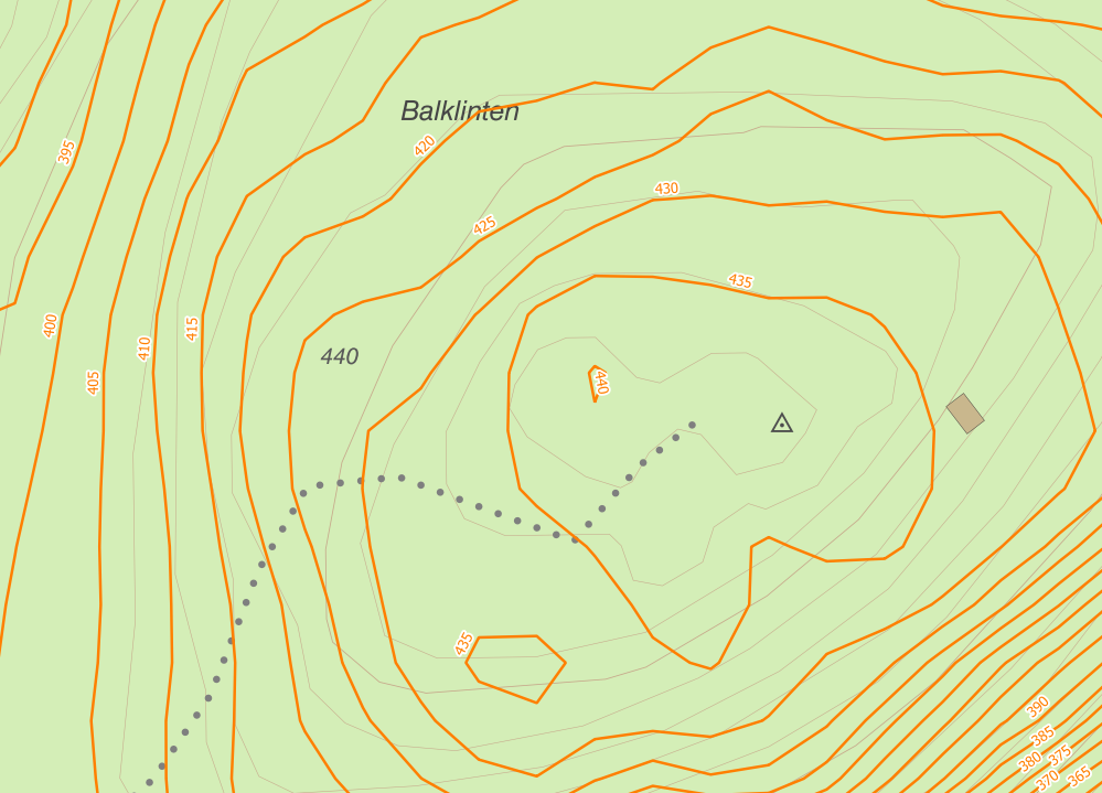Skillnad mellan nya och befintliga höjdkurvor, en karta med orangea linjer