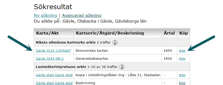 Exempel på länkar att klicka på under Karta/Akt samt Köp i tjänsten Historiska kartor