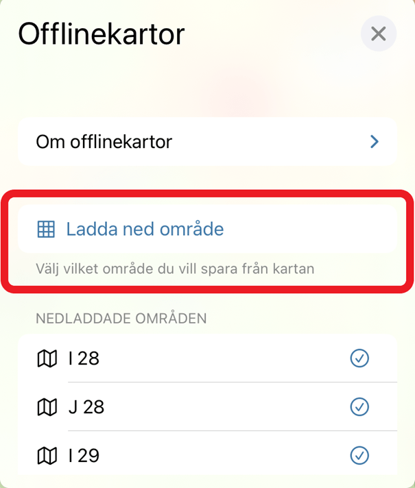 Skärmklipp som visar valet "Ladda ned område" i blå text. Bredvid finns en ikon i form av en kvadrat med rutnät i.