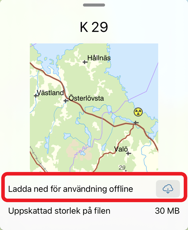 Skärmklipp som visar del av en karta, med texten "Ladda bed för användning offline" under.