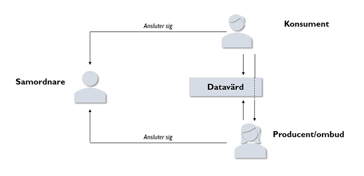 Bilden visar en process för hur konsument och producent ansluter sig via samordnare eller datavärd.