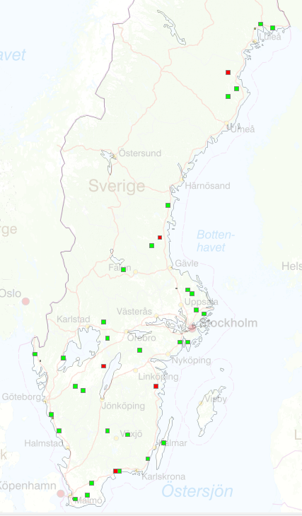 Karta över Sverige med gröna och röda markeringar